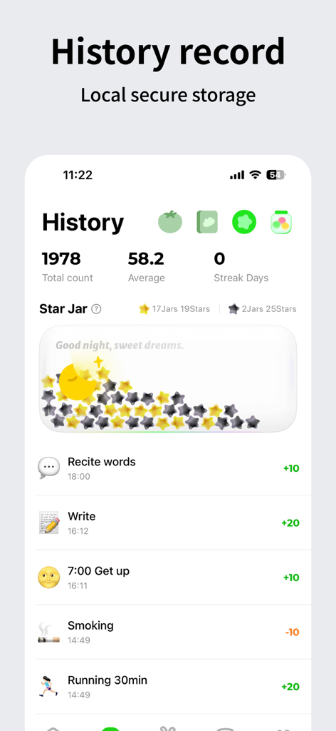 FrogCount - Habit Tracker - A mobile app screen showing a habit history log with daily counts, a star jar visual, and points for activities like writing and running.