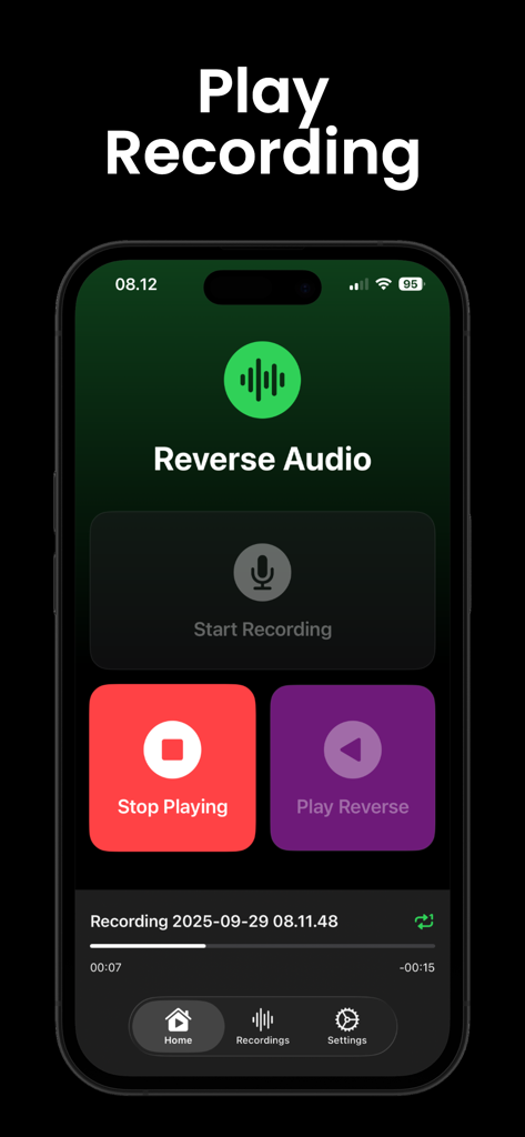 Reverse Audio · - Mobile screen of Reverse Audio app showing playback controls with buttons to stop playing and play audio in reverse.