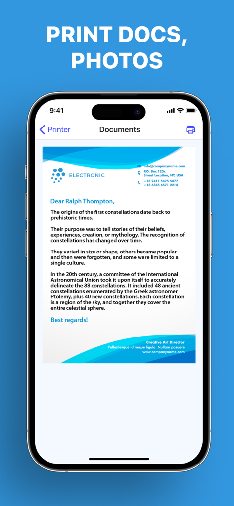 Mobile application interface displaying a business letter ready to be printed from an iPhone