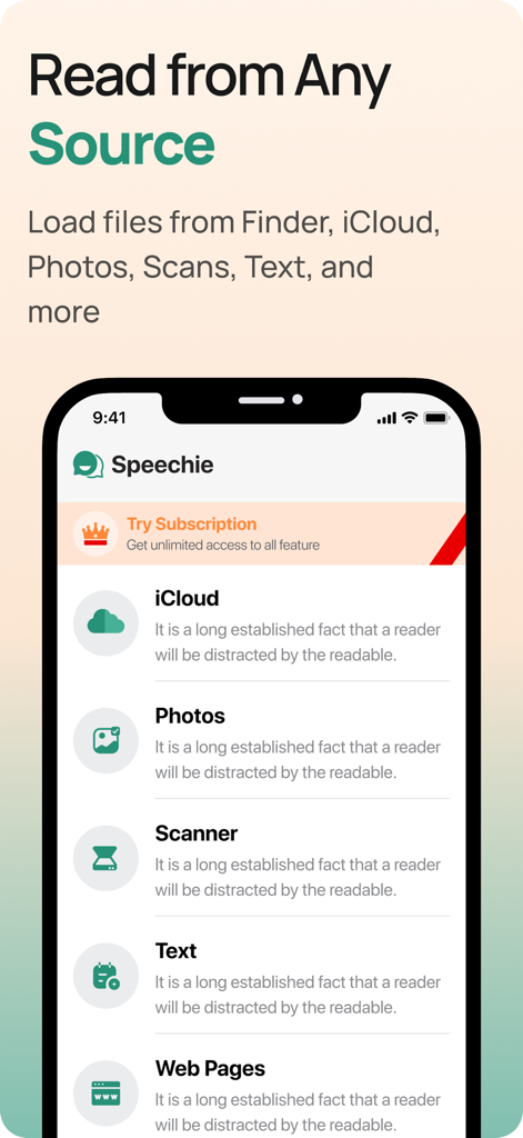 Macwhisper - Text To Speech - Macwhisper app interface showing text input options for iCloud, Photos, Scanner, and Web Pages.