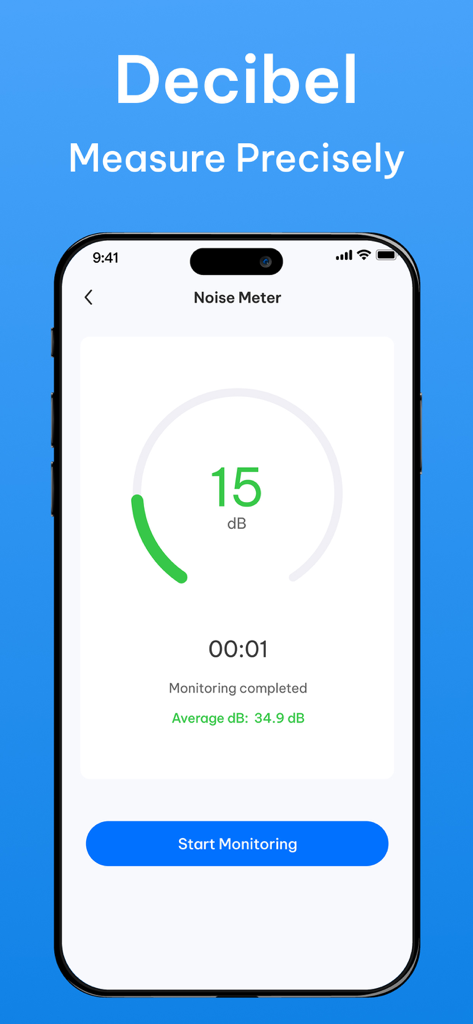 Photo Cleaner - Smart Cleanup - A noise meter interface showing decibel measurements and average sound levels.
