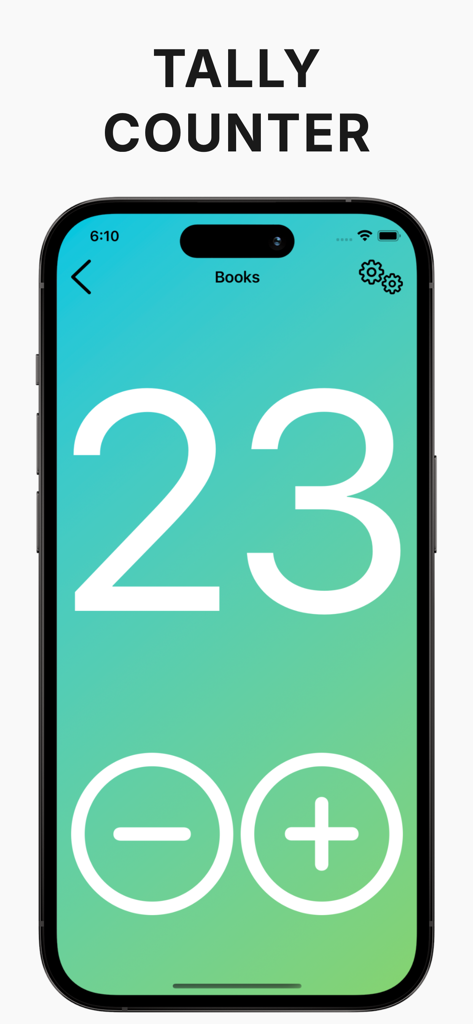 Tally Counter - Clicker - Digital tally counter app interface showing a count of 23 for books with large plus and minus buttons