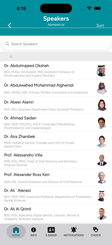 AEEDC 2026 - Alphabetical list of dental professional speakers with photos and titles in the AEEDC 2026 mobile application