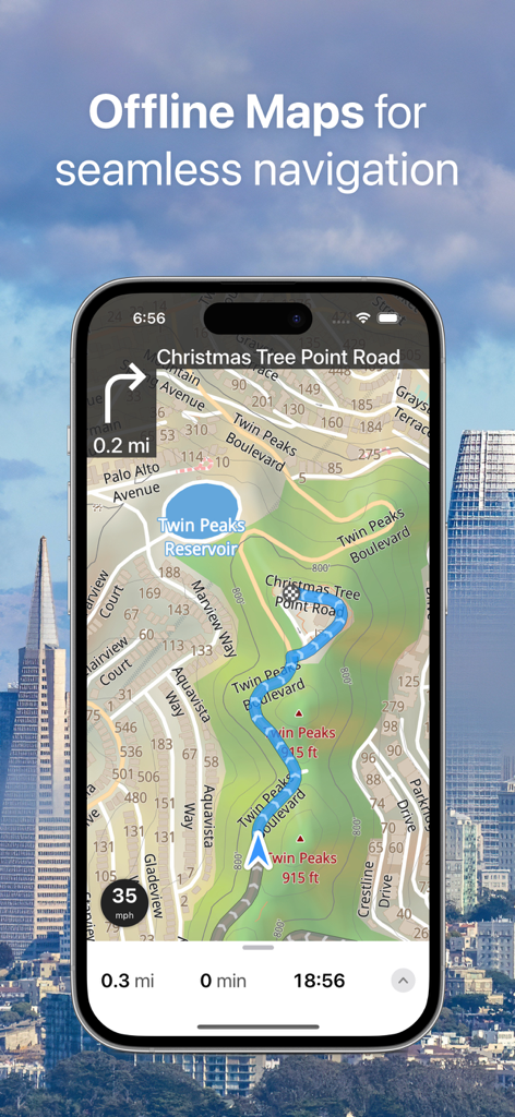 Guru Maps app interface showing offline navigation and detailed topographic map on a smartphone screen.