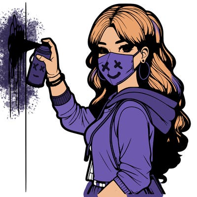 realistic girl with mask spray painting a wall