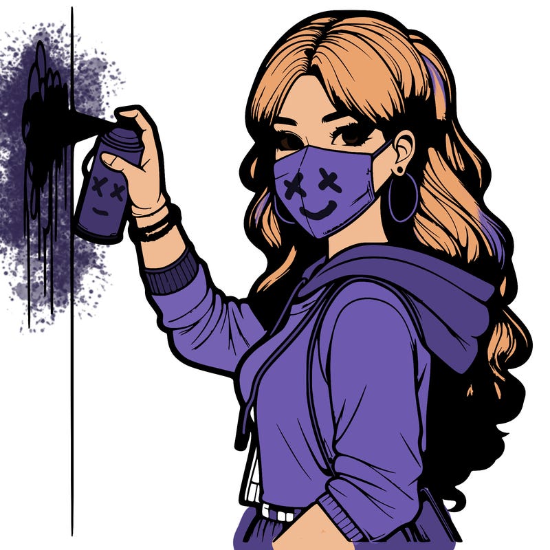 realistic girl with mask spray painting a wall