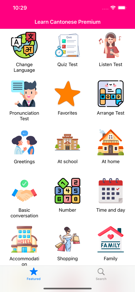 Learn Cantonese Premium - Main menu of the Learn Cantonese Premium app showing learning categories like Greetings, Shopping, and pronunciation tests.