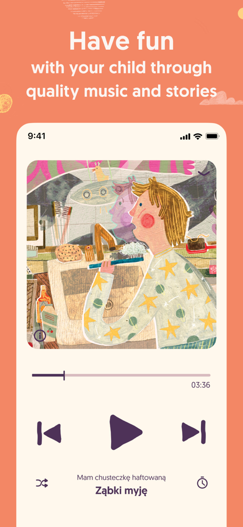 Pomelody Family Music & Fun - Interface du lecteur de musique de l'application Pomelody avec une illustration d'un enfant se brossant les dents.