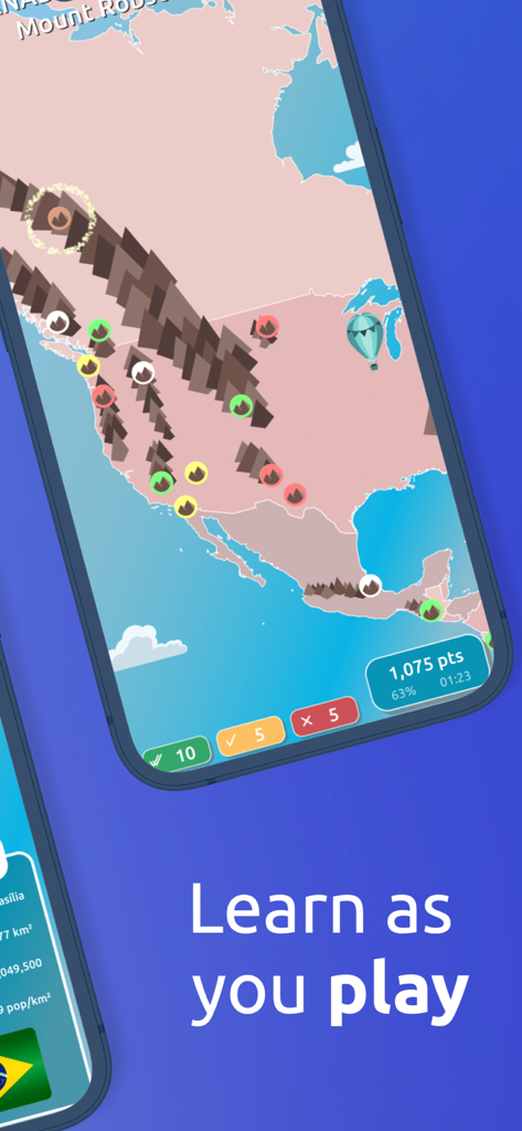 GeoExpert+ World Geography Map - Interfaz de juego de preguntas de geografía interactiva que muestra un mapa de América del Norte con marcadores de ubicación de montañas