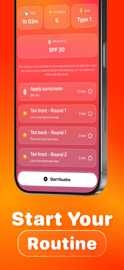 Beam Tanning - Get Tan Fast - Beam Tanning app interface showing a personalized outdoor tanning routine with UV index and skin type analysis