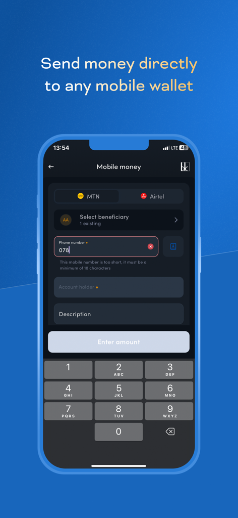 Bank of Kigali Mobile Banking - Interface of the Bank of Kigali app showing options to send money to MTN and Airtel mobile wallets
