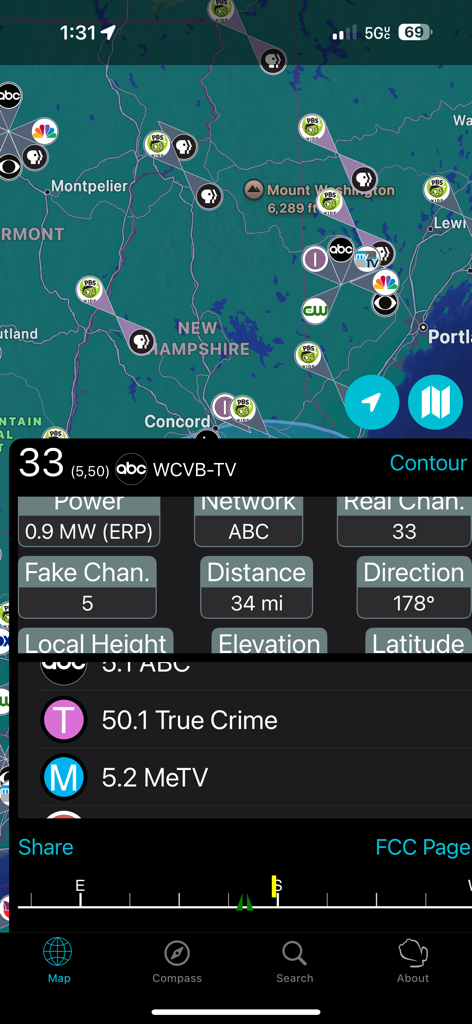 TV Towers USA app map displaying broadcast tower locations and technical signal details for antenna alignment