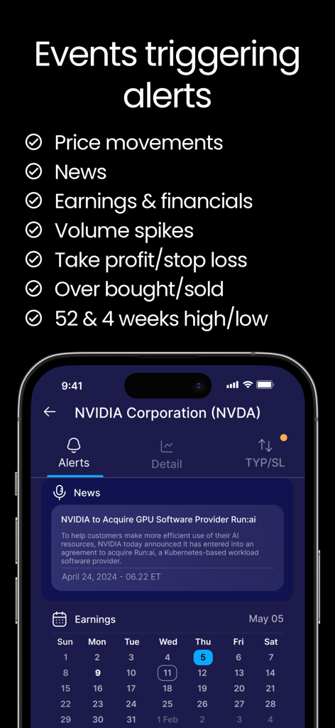 Tela do celular mostrando gatilhos de alerta de ações, incluindo notícias e lucros para NVIDIA