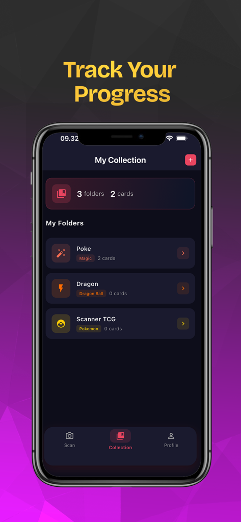 TCG Scanner & TCG Collector - A mobile app screen showing the My Collection interface of TCG Scanner and Collector with organized folders for different card games.