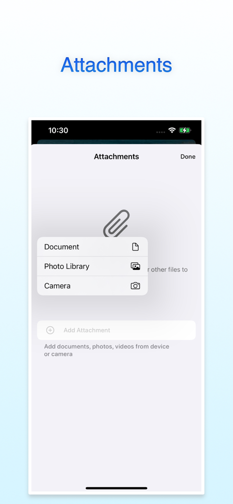 Focus: Pomodoro & Study Timer - モバイルアプリのインターフェースに、ドキュメント、フォトライブラリ、カメラのオプションが付いた添付ファイルメニューが表示されています。