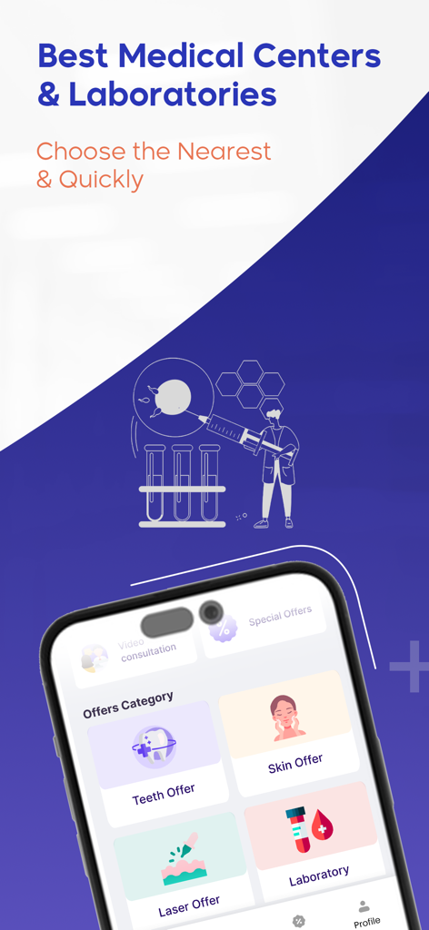 Hakeem - حكيم - Hakeem app screen showing medical center categories and health service offers including dental and laboratory options