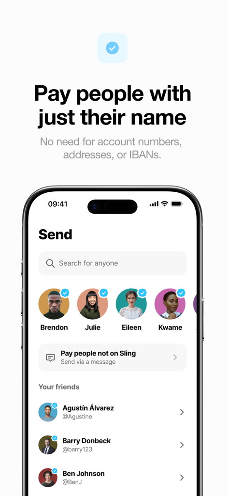 Interfaz de la aplicación Sling Money mostrando cómo enviar transferencias globales buscando el nombre de un contacto
