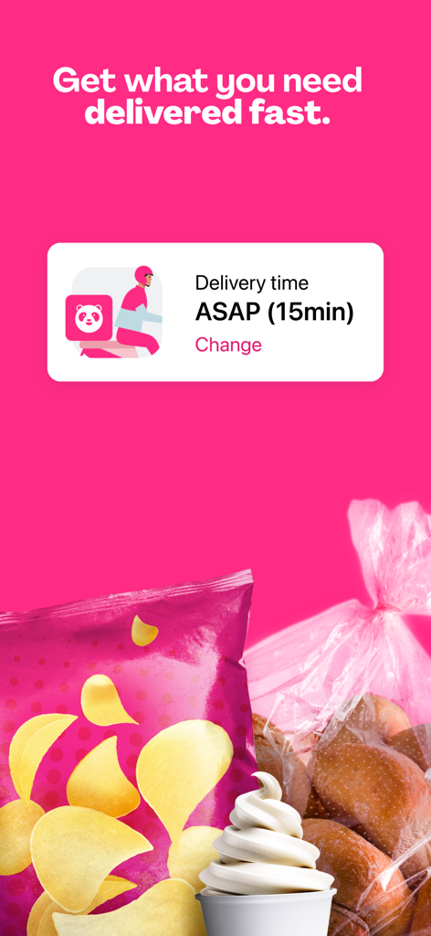 foodpanda app interface showing 15 minute fast delivery for groceries and snacks