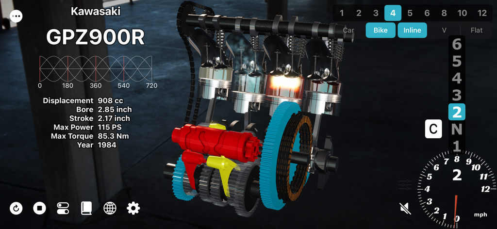 Trans4motor R - Uma simulação 3D detalhada de um motor Kawasaki GPZ900R mostrando componentes internos e especificações técnicas