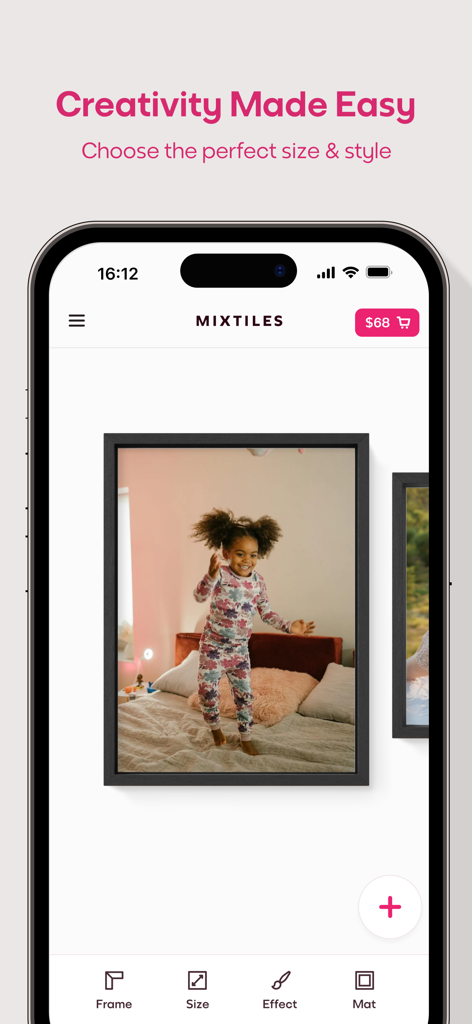 Mixtiles · Tiles & Photo Books - Mixtiles app interface showing photo frame customization options for wall art