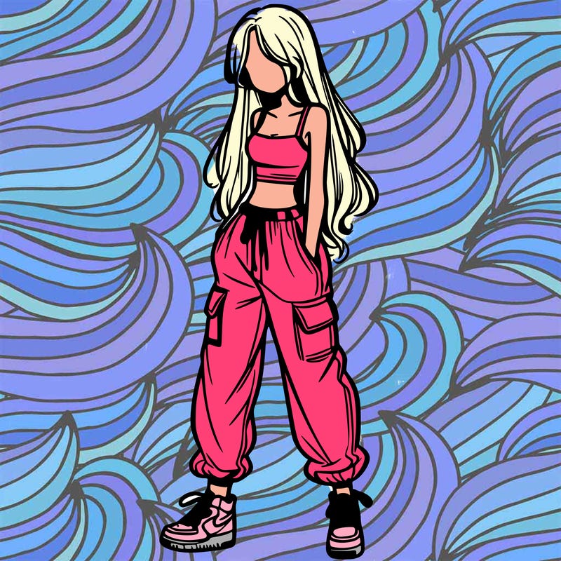 girl in baggy pants crop top and long hair