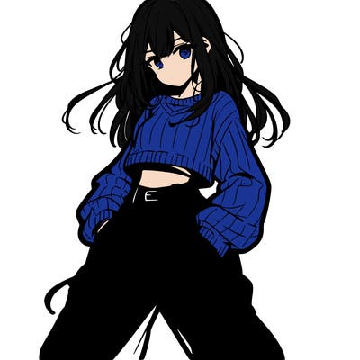 anime teen girl with baggy pants and crop top with sweater
