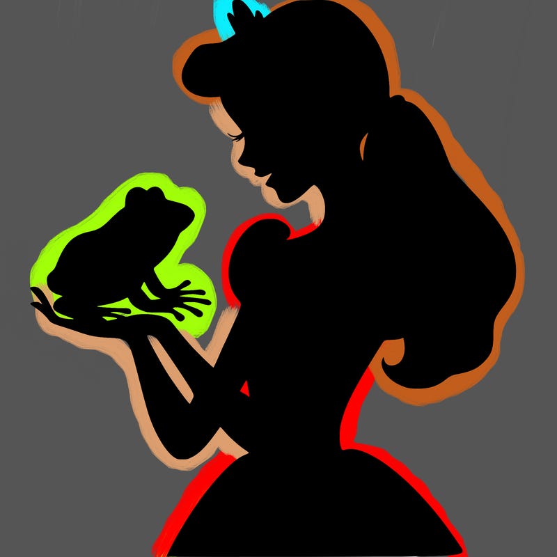 a shadow of a princess holding a frog realistic