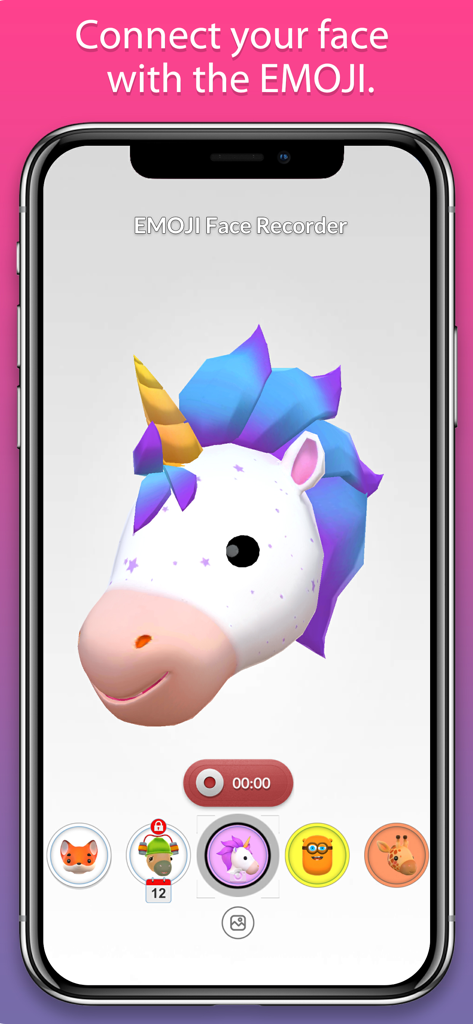 Application mobile EMOJI Face Recorder affichant un personnage de licorne 3D sur l'écran d'enregistrement.