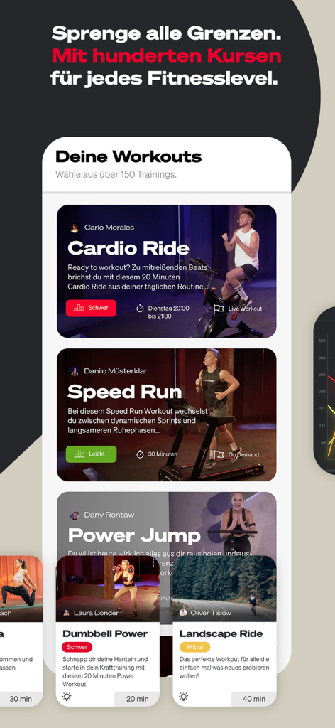 Sportstech Live App-Oberfläche, die eine Liste von Trainingskursen anzeigt, darunter Cardio-Fahrt, Speed-Run und Power-Jump mit erfahrenen Trainern