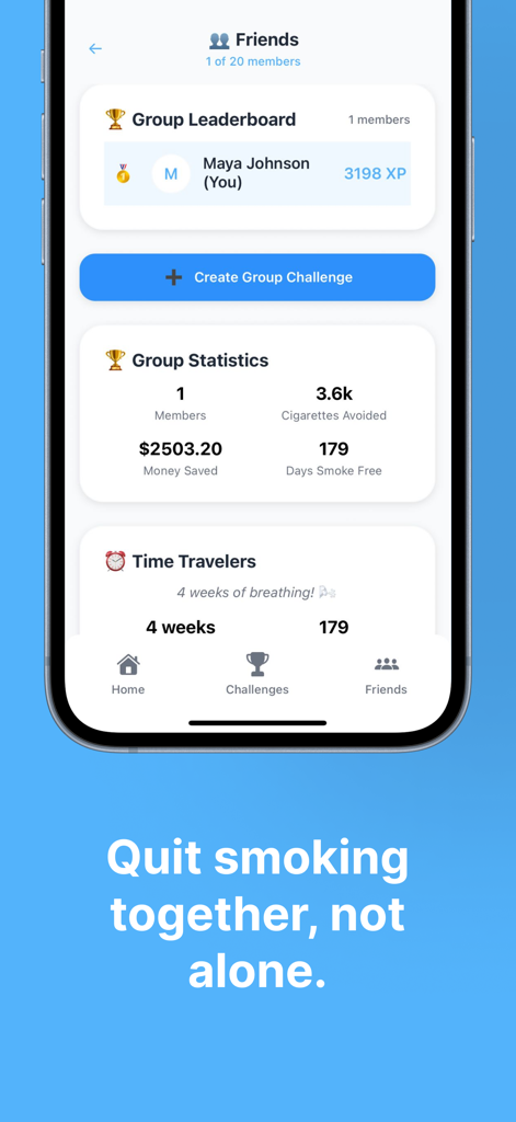 Bequit - Quit Smoking - Bequit app screenshot showing group statistics for money saved and cigarettes avoided with a friends leaderboard