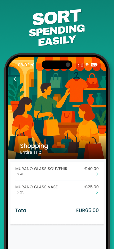 Interfaccia dell'app Spentrip che mostra un elenco di spese per lo shopping in euro per un viaggio con un calcolo totale