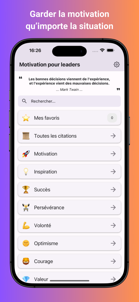 The Motivation for leaders app home screen featuring daily quotes and leadership categories.