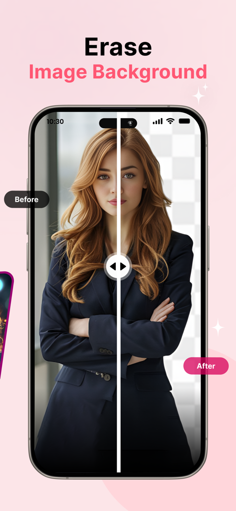 Jasper - AI video Generator - Before and after comparison of the AI background removal feature showing a portrait with the background erased.