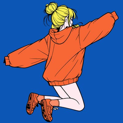 realistic girl jumping with a bun and oversized sweatshirt