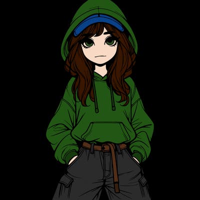realistic girl with baggy jeans, a hoodie and hat long hair