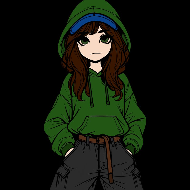 realistic girl with baggy jeans, a hoodie and hat long hair
