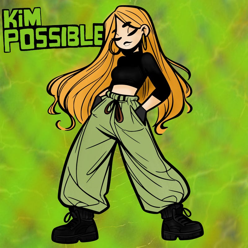 girl in baggy pants crop top and long hair