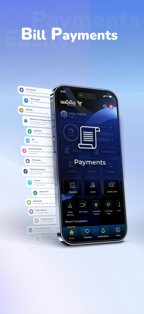 ACLEDA mobile - ACLEDA mobile app interface showcasing various bill payment categories like electricity and water supply.