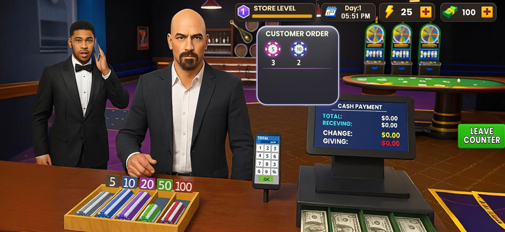Casino Empire: Manager Games - Uma visão em primeira pessoa do balcão de caixa do cassino mostrando fichas, um caixa registrador e o gerenciamento de pedidos dos clientes