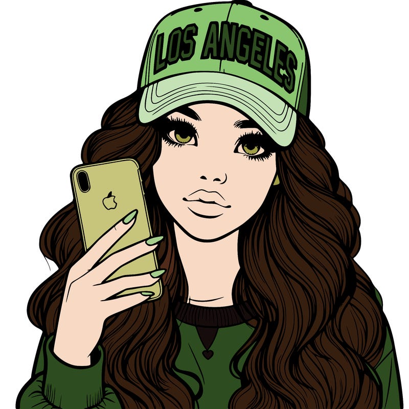 realistic beautiful girl wearing los ángeles cap holding an iphone