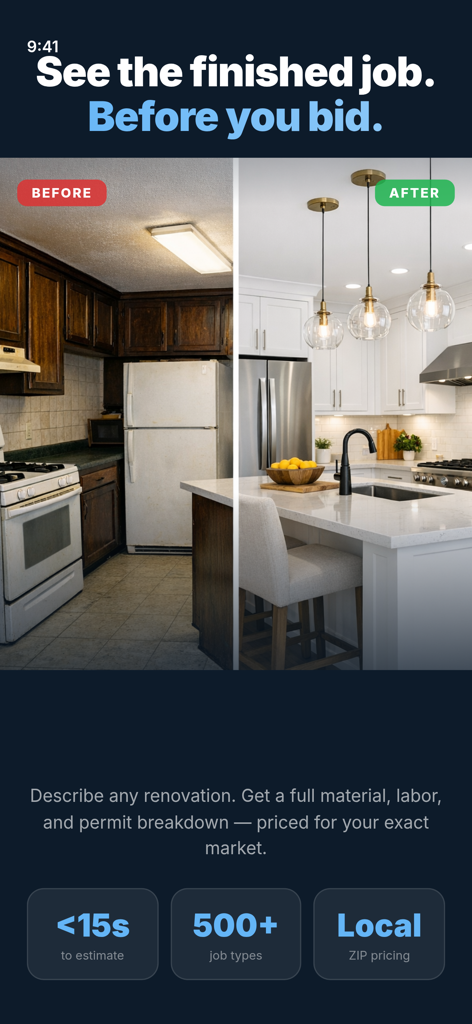 Cost Estimator - Construction+ - Before and after kitchen renovation comparison with AI powered construction cost estimator interface