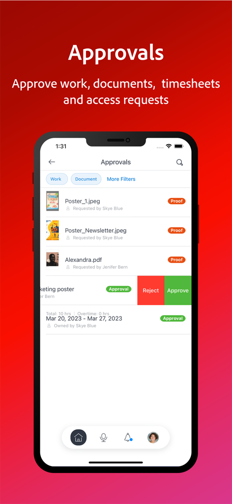 Adobe Workfront - 作業リクエストとドキュメントの校正を表示するAdobe Workfrontモバイルアプリの承認インターフェース
