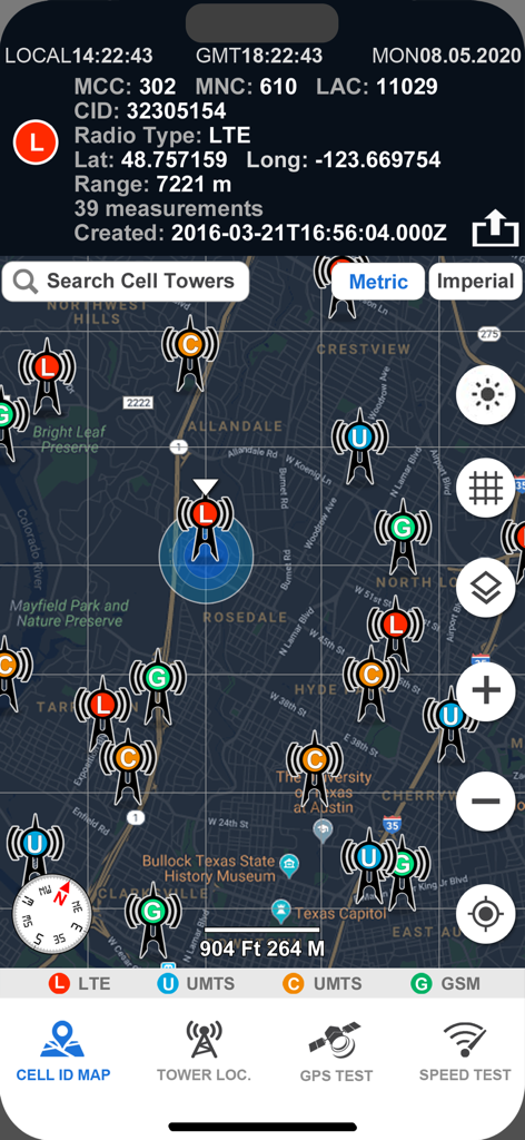 A mobile app interface displaying a map with color coded icons for cell phone towers and detailed technical network information
