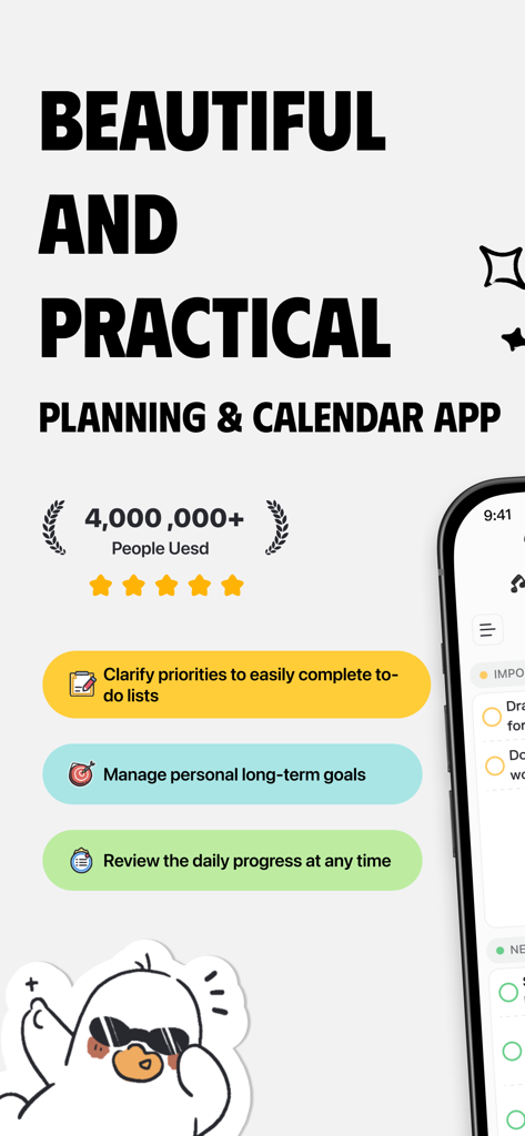 Plan Joy app interface showing to-do list features, goal management, and a cute duck mascot character.