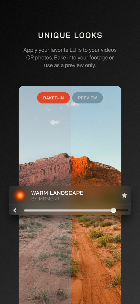 A split-screen comparison of a desert landscape photo before and after applying a Warm Landscape LUT in the Moment Pro Camera II app.