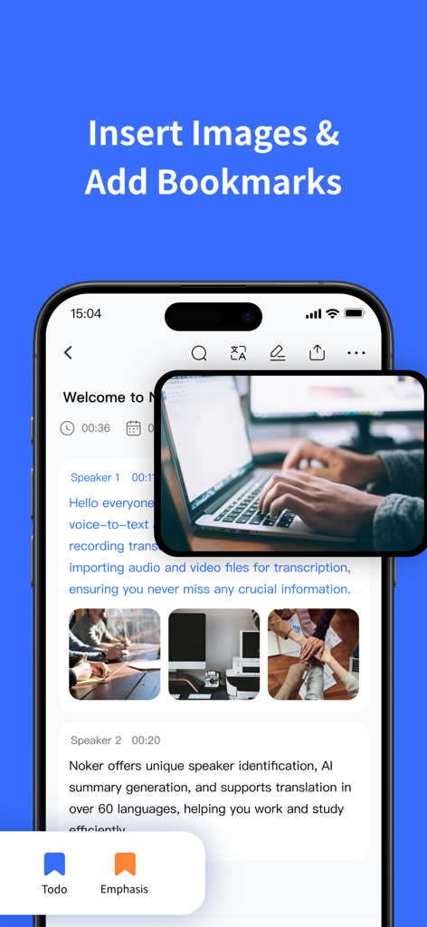 Noker transcription interface showing how to insert images and add bookmarks to voice notes