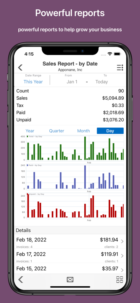 Painel de relatório de vendas no aplicativo Invoice Master mostrando métricas financeiras e gráficos de crescimento do negócio