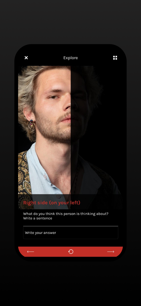 Emosee - Emosee app screen displaying a facial side analysis with a reflection prompt for emotional intelligence