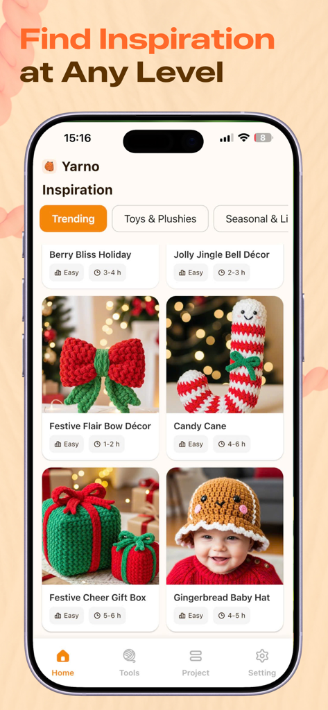 Yarno mobile app inspiration page featuring seasonal crochet project ideas like a gingerbread hat and candy cane