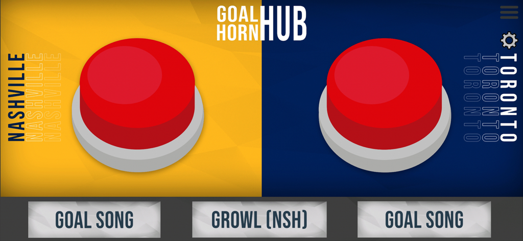 Goal Horn Hub - Interface of Goal Horn Hub app featuring dual red goal horn buttons for Nashville and Toronto NHL teams
